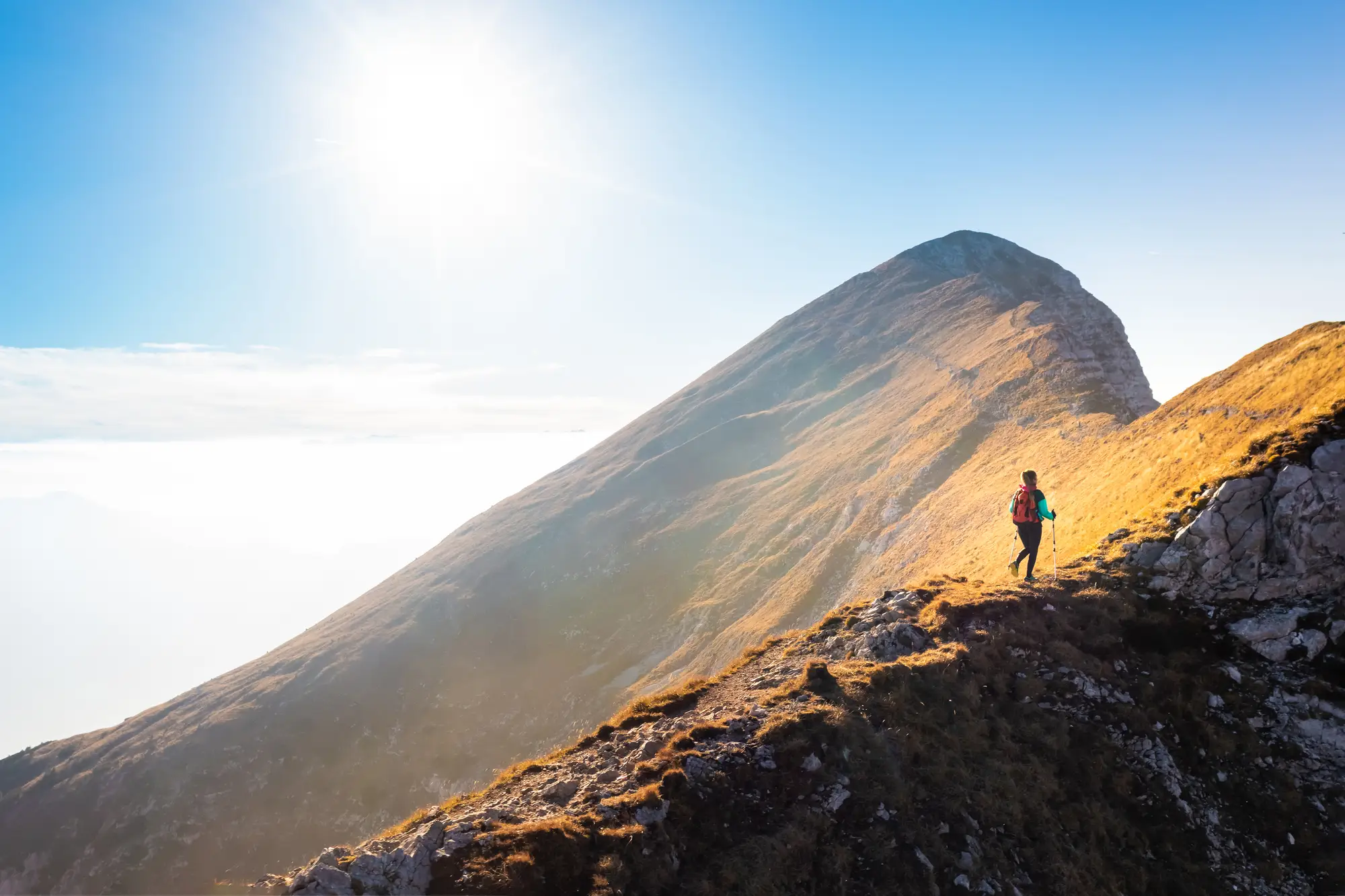 A walker with poles on a grassy mountain ridge in low golden light